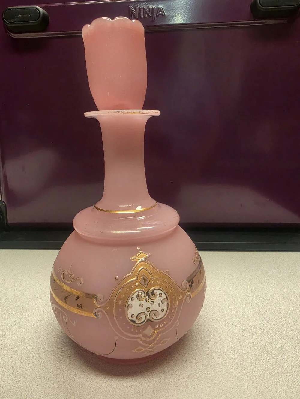Antique Pink Opaline Glass Decanter. Genie Bottle